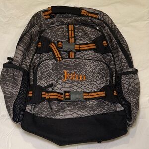 Pottery Barn Kids Grey & Orange SnakeSkin Pattern with John Embroidered Backpack
